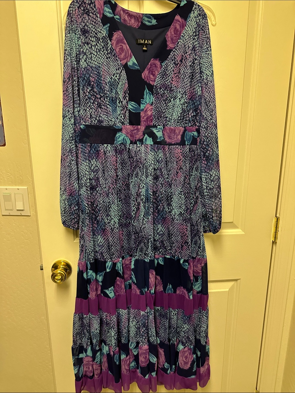 IMAN Navy and Purple Floral V‑neck Long Sleeve Maxi Dress